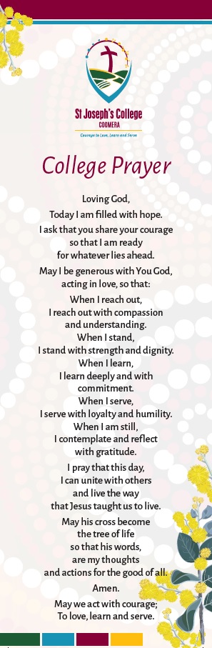 Poster displaying St Joseph’s College Coomera College Prayer with the school logo and floral elements.